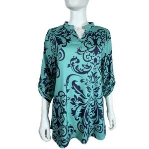 Haute Edition Damask Print 3/4 Pinned Sleeve Tunic Top